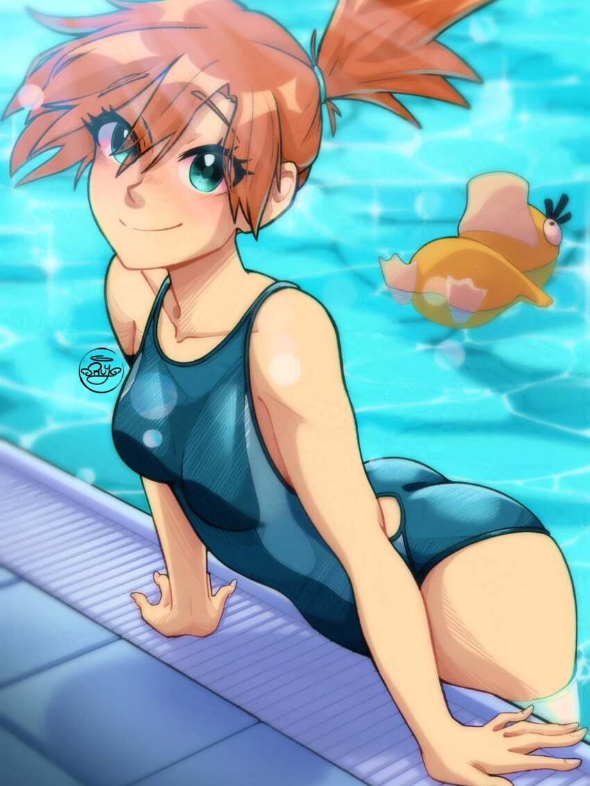 1girl 1other arched_back arm_support ass backless_swimsuit bare_arms blue_one-piece_swimsuit blush breasts closed_mouth collarbone competition_swimsuit eyelashes eyes_visible_through_hair gen_1_pokemon green_eyes gym_leader hair_between_eyes hair_tie highleg highleg_one-piece_swimsuit highres leaning_forward looking_at_viewer medium_breasts misty_(pokemon) nintendo one-piece_swimsuit orange_hair partially_submerged pokemon pokemon_(anime) pokemon_(classic_anime) pokemon_(creature) ponytail pool poolside psyduck ruy_draws shiny_skin short_hair short_ponytail side_ponytail small_breasts smile solo swimming swimsuit water wide_hips