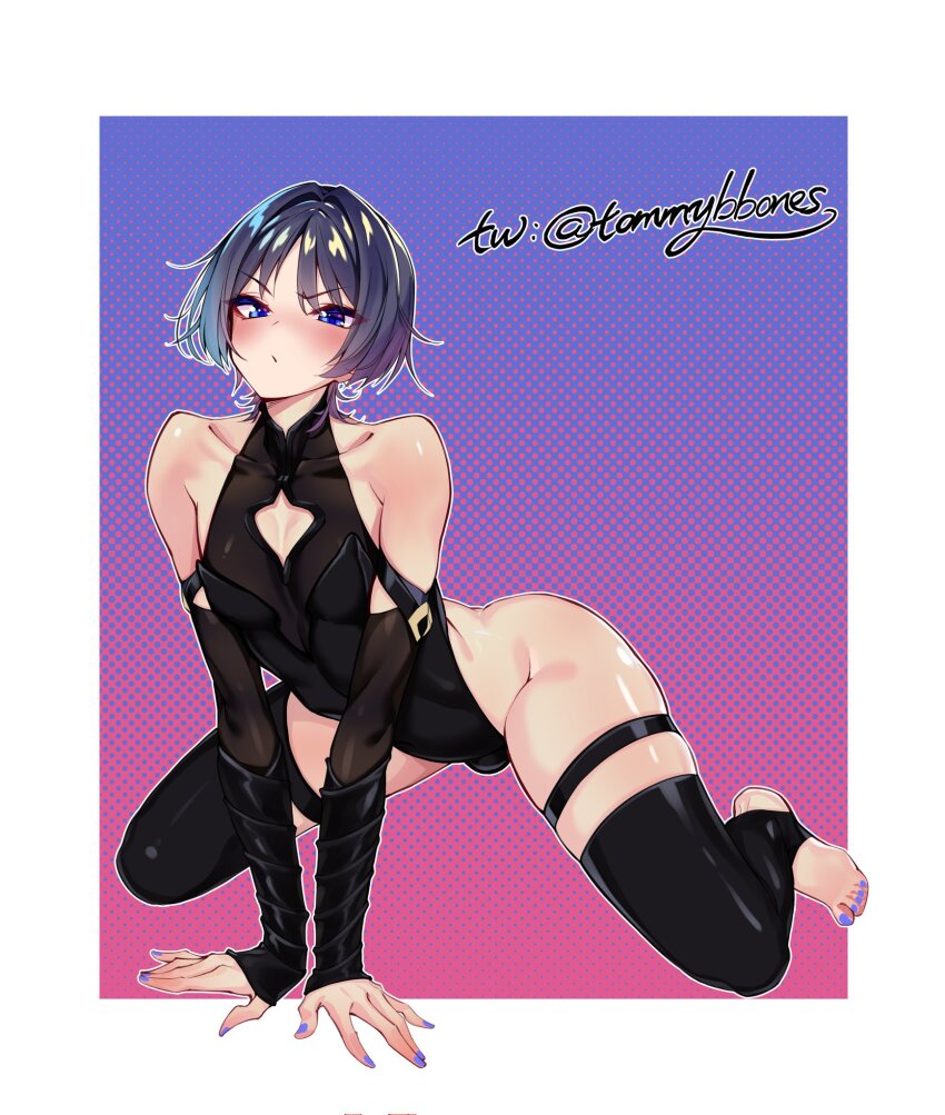1boy all_fours bare_shoulders blue_eyes bulge cleavage_cutout clothing_cutout detached_sleeves genshin_impact highres husun_wei kneeling leaning_forward leotard looking_at_viewer nail_polish scaramouche_(genshin_impact) see-through_clothes short_hair simple_background solo stirrup_legwear thigh_strap thighs toeless_legwear toenail_polish toenails trap