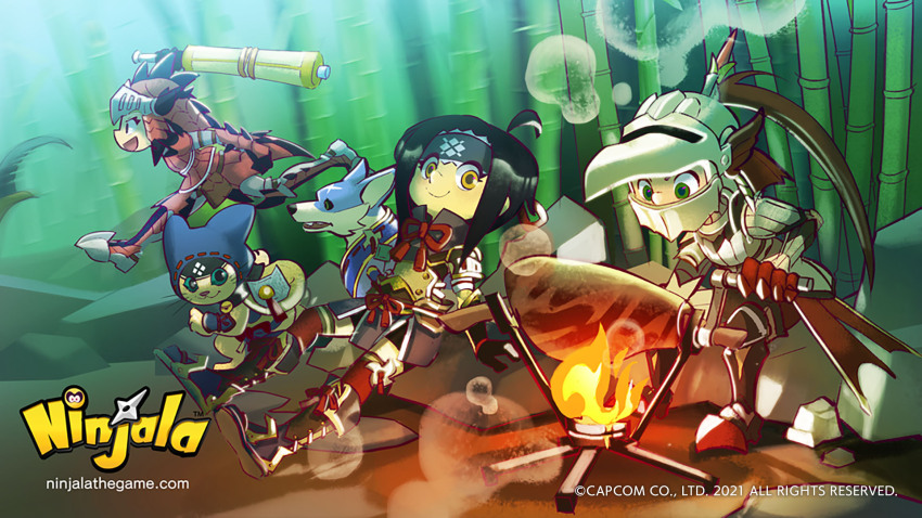 1boy 2021 2girls ahoge ankle_boots aqua_fur armor armored_boots bamboo bell berecca black_bow black_gloves blue_headband blue_hood boots bow brown_eyes canyne capcom cat chasing clenched_hand closed_mouth commentary_request company_name cooking copyright_name copyright_notice covered_mouth crossover cuirass cuisses dated dirt dog elbow_gloves english_text fake_horns faulds felyne fire food forehead_protector full_body gloves greaves green_eyes gumchi gungho headband helm helmet high_collar highres holding holding_weapon horned_helmet horns jane_(ninjala) kamura_(armor) kneehighs logo looking_at_food meat medium_hair monster_hunter_(series) monster_hunter_rise multiple_girls neck_bell ninjala official_art open_mouth outdoors pauldrons poleyn popped_collar print_headband profile rathalos_(armor) red_armor red_helmet red_socks rianti-wong ribbon-trimmed_hood rock running scale_armor scroll_blade_(ninjala) second-party_source shoulder_armor shuriken sitting smoke socks teeth upper_teeth_only van_(ninjala) watermark weapon web_address white_armor white_fur white_helmet yellow_eyes