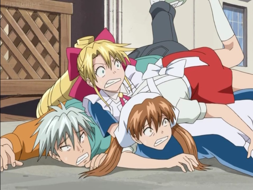 00s 1boy 2girls anime_screenshot apron blonde_hair bow brown_hair clenched_teeth constricted_pupils day hair_bow kannazuki_megumi multiple_girls muteki_kanban_musume nishiyama_kankuro on_floor onimaru_miki outdoors red_bow red_skirt short_sleeves skirt socks teeth white_apron white_legwear