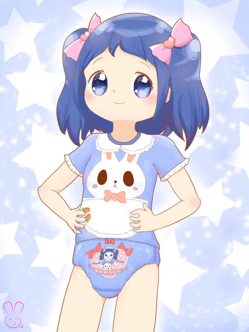 1girl absurdres animal_print blue_background blue_eyes blue_hair blue_panties blue_shirt blue_theme blush bow bow_panties carrot_print character_print clothes_writing crotch_seam flat_chest food_print hair_bow hair_ornament hands_on_own_hips heart heart_hair_ornament heart_print highres jojifuku loli long_hair looking_at_viewer original panties pink_bow print_panties print_shirt rabbit_print red_bow shirt short_sleeves smile standing star_(symbol) star_symbol_background twintails underwear urameido