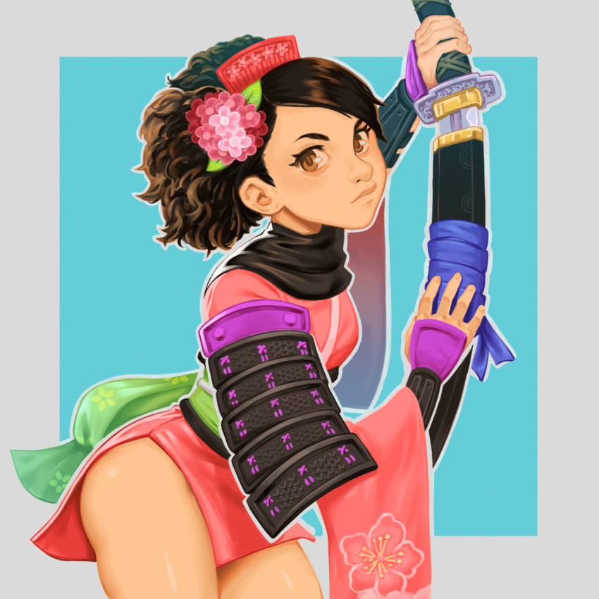 1girl black_hair brown_hair effy_neprin flower hair_flower hair_ornament highres japanese_clothes kimono long_sleeves medium_hair momohime oboro_muramasa thighs wide_sleeves yukata