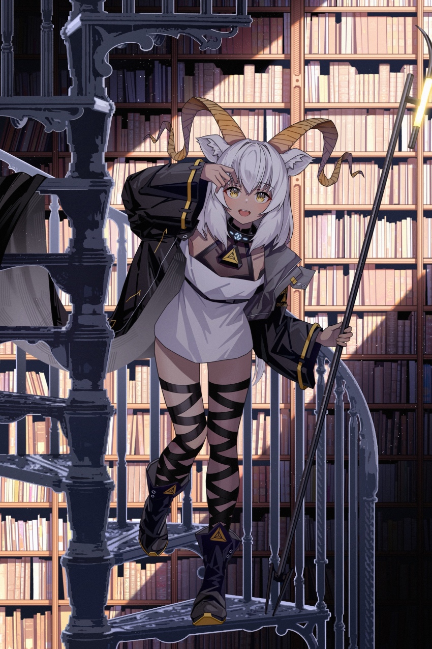 1girl absurdres animal_ears arknights beeswax_(arknights) black_jacket book bookshelf choker dress film_grain fingernails full_body goat_ears goat_horns highres holding holding_staff horns infection_monitor_(arknights) jacket jewelry leg_ribbon leg_wrap on_stairs ribbon shirt short_dress solo spiral_staircase staff stairs standing white_dress white_hair white_shirt yellow_eyes zhengqi_zhizi_sg