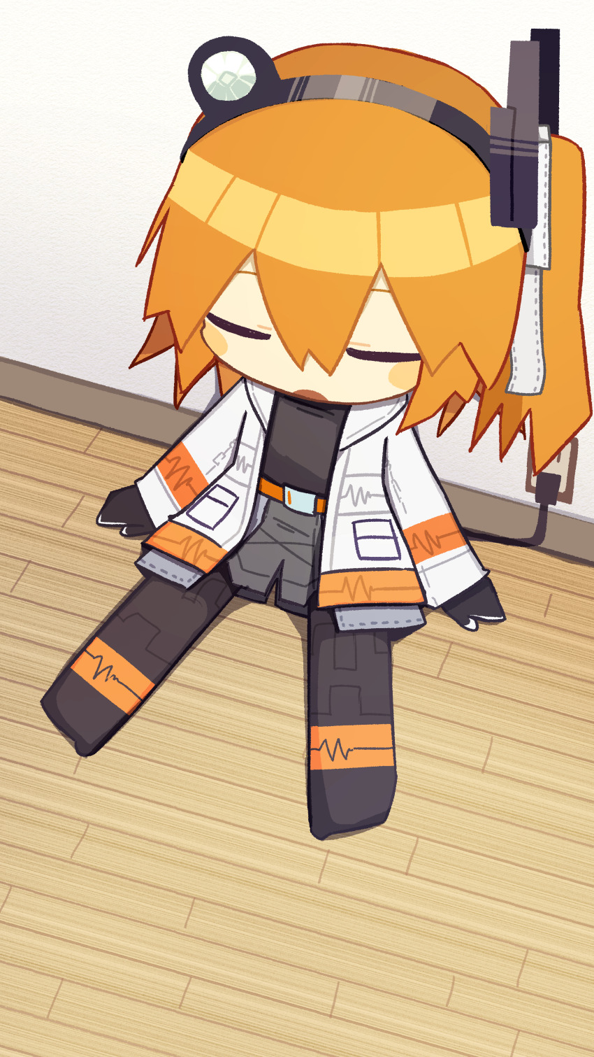 1girl a.i._voice absurdres adachi_rei against_wall android belt black_gloves black_pantyhose black_shirt blush_stickers chibi closed_eyes commentary_request electric_plug electrical_outlet from_above gloves grey_shorts hair_ribbon headlamp highres indoors jacket konohoshi long_sleeves no_shoes one_side_up open_clothes open_jacket open_mouth orange_belt orange_hair outstretched_legs pantyhose pantyhose_under_shorts radio_antenna recharging ribbon shirt shirt_tucked_in shorts sitting sleeping solo utau white_ribbon wooden_floor
