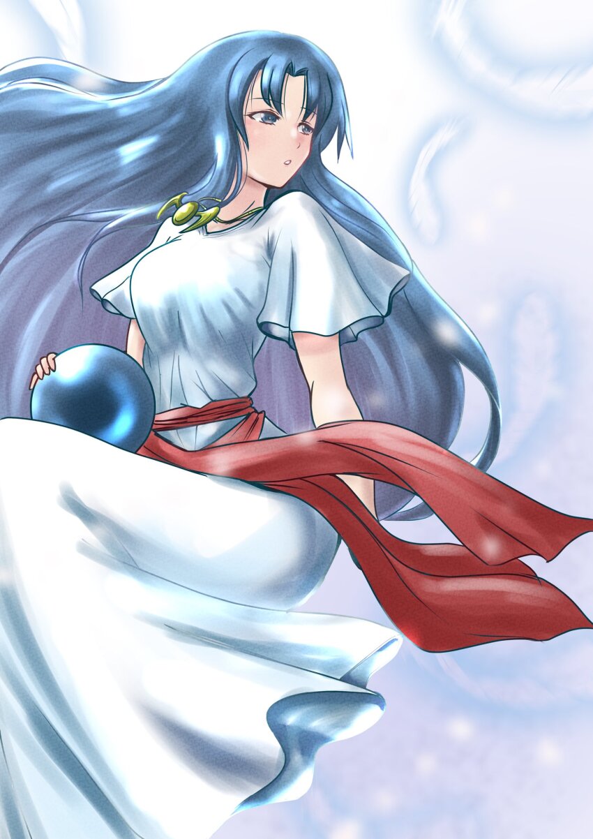 1girl ancient_ys_vanished blue_eyes blue_hair breasts commentary_request curtained_hair dress feena_(ys) gold_necklace highres holding_orb jewelry large_breasts long_dress long_hair mayashi205 necklace orb red_sash sash solo very_long_hair white_dress ys