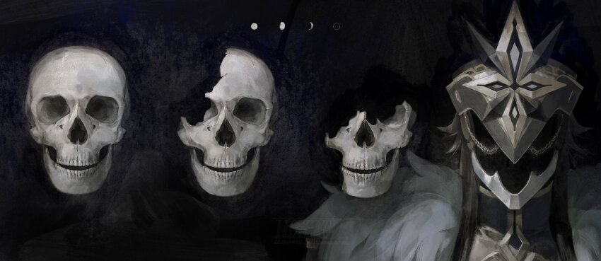 1boy absurdres black_hair blue_hat cape capitano_(genshin_impact) chain facing_viewer fur_cape genshin_impact gold_trim hat highres kaimochi0839 long_hair male_focus mask moon_phases rotting skull very_long_hair