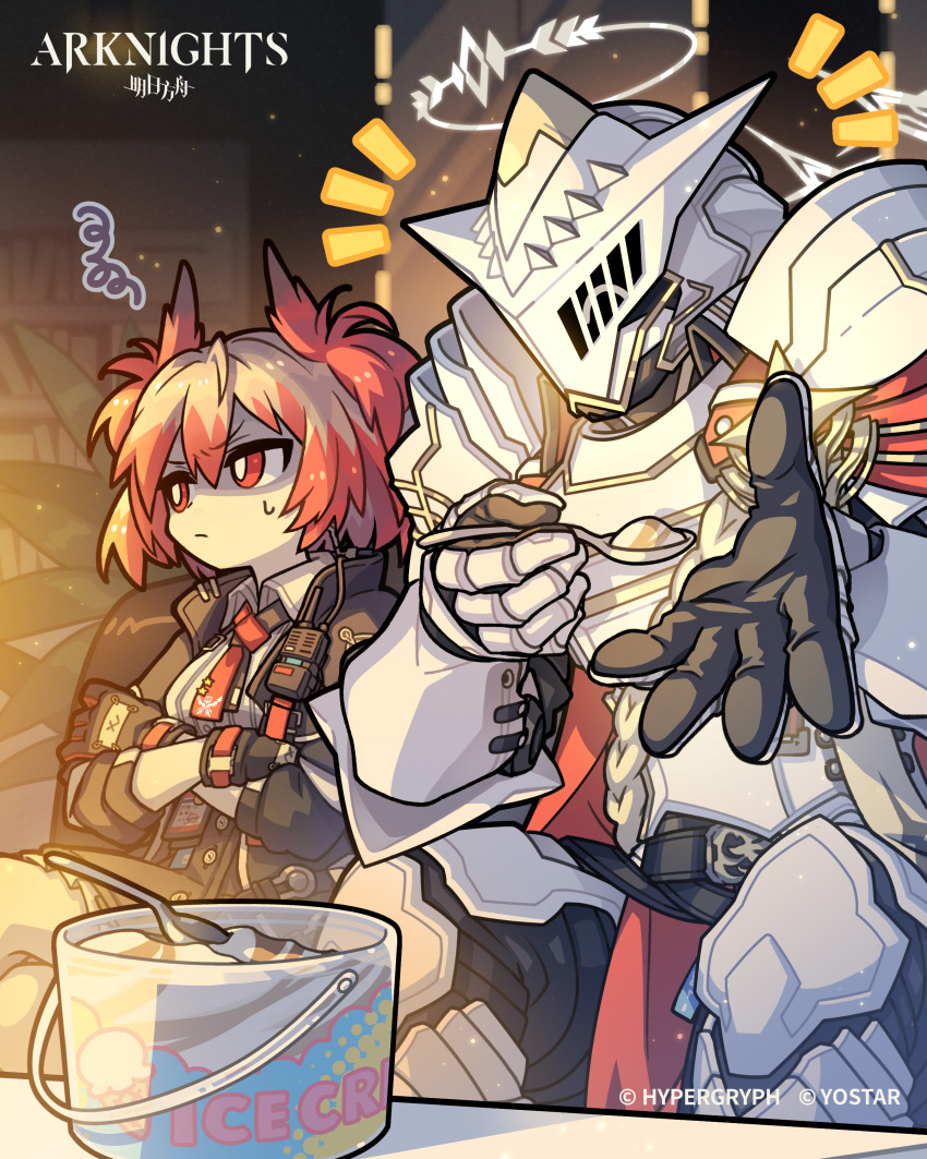 1boy 1girl absurdres arknights armor black_gloves black_jacket breastplate commentary copyright_name crossed_arms english_commentary fiammetta_(arknights) food full_armor gauntlets gloves halo helm helmet highres holding holding_spoon ice_cream jacket morini_ochiteru notice_lines red_eyes red_hair sankta_miksaparato_(arknights) second-party_source spoon squiggle sweatdrop