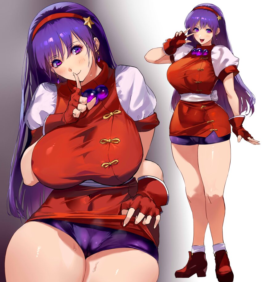 1girl absurdres aged_up asamiya_athena bike_shorts blush breasts cameltoe clothes_lift covered_navel earrings finger_to_mouth fingerless_gloves gloves hair_ornament hairband headband highres jewelry large_breasts legs lifting_own_clothes long_hair looking_at_viewer negresco open_mouth plump purple_eyes purple_hair red_gloves red_hairband seductive_smile shushing skirt skirt_lift smile snk solo star_(symbol) star_hair_ornament the_king_of_fighters the_king_of_fighters_&#039;98 thick_thighs thighs