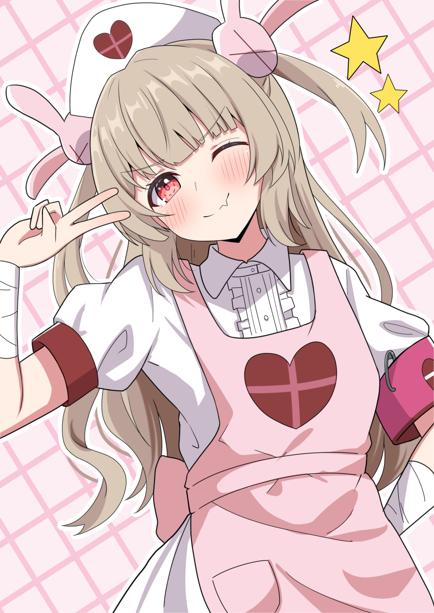 1girl absurdres apron arm_behind_back armband bandaged_wrist bandages brown_hair checkered_background closed_mouth cowboy_shot fang hair_ornament hat head_tilt heart heart_print highres hosinonana long_hair looking_at_viewer natori_sana nurse nurse_cap one_eye_closed outline paperclip pink_apron pink_armband rabbit_hair_ornament red_eyes sana_channel shirt short_sleeves skin_fang smile solo star_(symbol) twintails v very_long_hair white_outline white_shirt