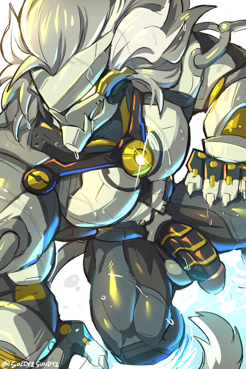 1boy artificial_eye banyue_(zenless_zone_zero) biceps claws glowing glowing_eyes hand_on_own_leg highres humanoid_robot looking_to_the_side mechanical_eye mechanical_hands mechanical_legs mechanical_penis mechanical_tail muscular muscular_male orb penis robot robot_boy robot_penis sitting sollyz solo tail testicles topless_male twitter_username water wet white_background white_hair zenless_zone_zero