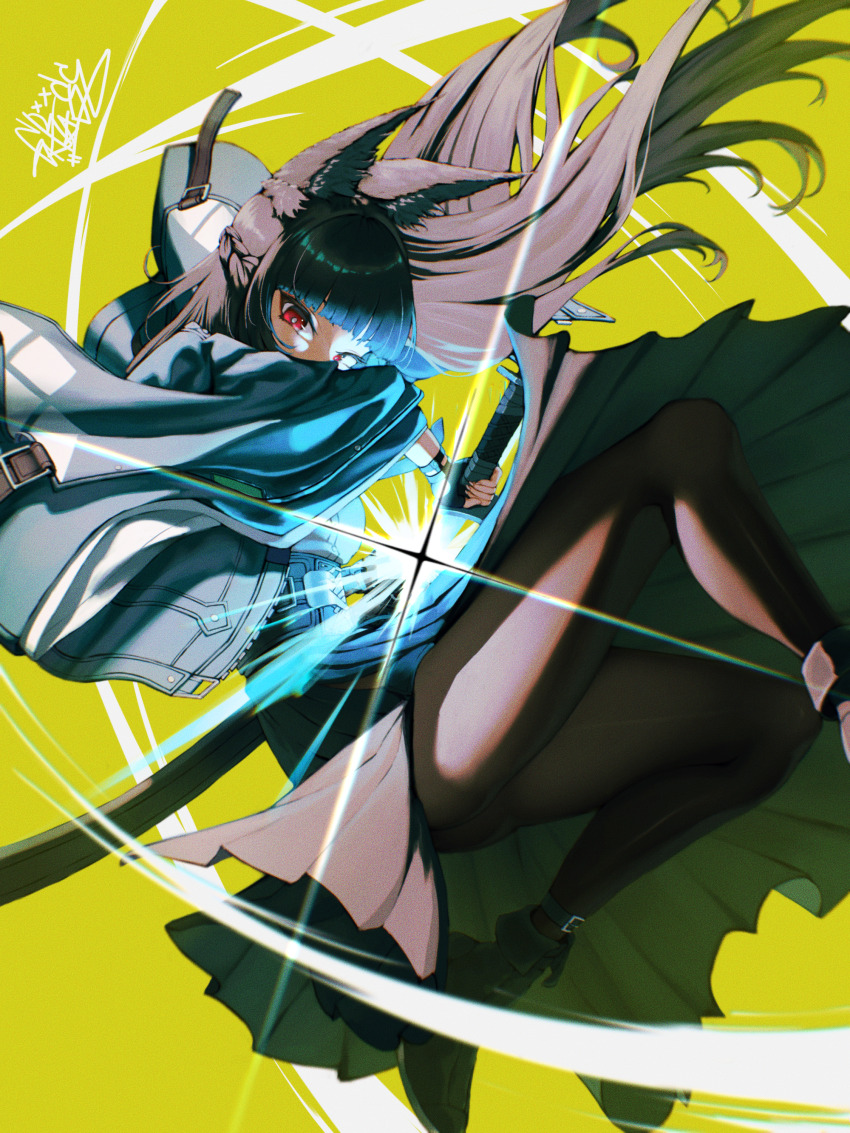 1girl absurdres animal_ear_fluff animal_ears aqua_jacket black_hair black_pantyhose black_skirt blunt_bangs breasts eyeball floating_hair fox_ears fox_girl high-waist_skirt highres holding holding_sword holding_weapon hoshimi_miyabi jacket katana long_hair looking_at_viewer open_clothes open_jacket pantyhose quone9u0ne red_eyes shirt skirt sword weapon white_background white_shirt zenless_zone_zero