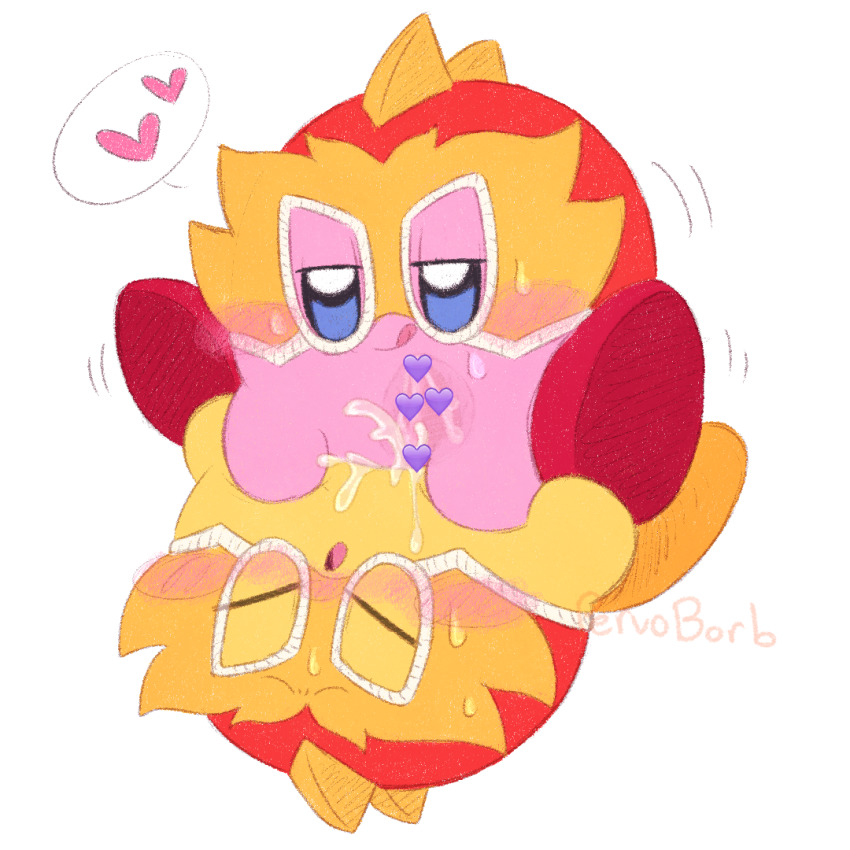 1boy 1girl artist_name assertive_female blush blush_stickers censored colored_skin copy_ability cowgirl_position cum closed_eyes girl_on_top half-closed_eyes heart heart_censor hetero jitome kirby kirby_(series) kirby_fighters_2 licking_lips mask moaning motion_lines naughty_face nintendo no_humans open_mouth penis pervoborb pointless_censoring sex simple_background spikes spoken_heart straddling sweat tongue tongue_out vaginal white_background wrestling_mask x-ray