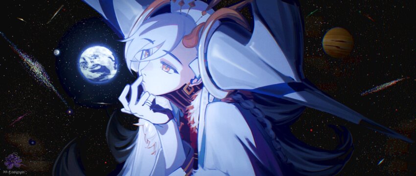 1girl braid cape clerical_collar cloak detached_horns earrings earth_(planet) fate/grand_order fate_(series) fur-trimmed_cape fur-trimmed_cloak fur_trim giant giantess highres horns huge_horns in_orbit ink_(inkypyon) jewelry long_braid long_hair long_horns mars_(planet) moon olga_marie_animusphere planet side_braid single_horn sky solar_system solo space star_(sky) starry_sky u-olga_marie white_hair yellow_eyes yellow_horns