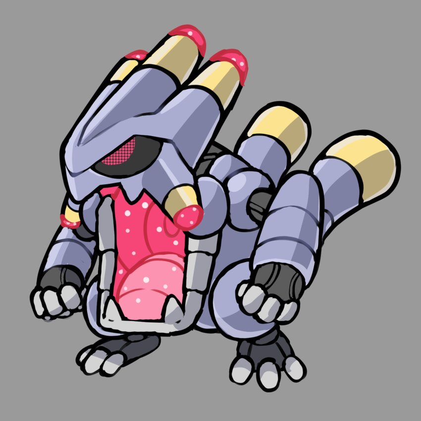 absurdres adoptable black_sclera colored_sclera commentary english_commentary exploud fakemon full_body game_freak gen_3_pokemon grey_background highres nintendo no_humans original pixel_eyes pokemon pokemon_(creature) pokemon_focus red_eyes rgreywind robot simple_background solo standing