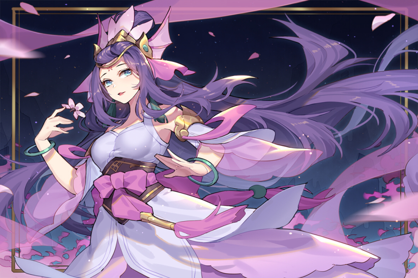 1girl blue_eyes cowboy_shot dark_background dress flower gradient_background hair_ornament hair_rings jewelry kan_(rainconan) league_of_legends long_hair nami_(league_of_legends) outside_border purple_dress purple_hair see-through_clothes splendid_staff_nami tagme very_long_hair