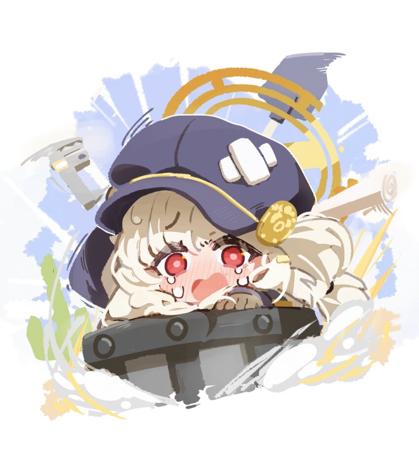 1girl aoba_(blue_archive) blonde_hair blue_archive blue_sky blush border newsboy_cap cactus chibi crossed_bandaids crying crying_with_eyes_open day dust floating_hair frown halo hand_on_headwear hat highres long_hair looking_at_viewer minecart nose_blush open_mouth outdoors patanda purple_hat red_eyes riding rolled_up_paper scared shovel sky solo tears white_border wrench