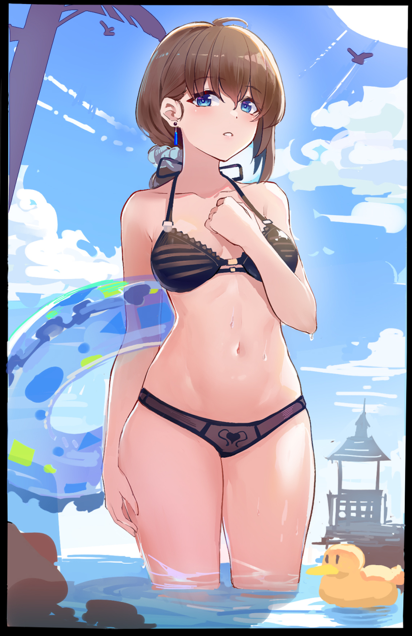 bare_arms bare_shoulders bikini black_bikini black_border blue_eyes blue_scrunchie blue_sky blush border breasts brown_bikini brown_hair cloud collarbone day earrings hair_between_eyes hair_ornament hair_scrunchie halterneck hand_up highres innertube jewelry long_hair medium_breasts navel original outdoors parted_lips rubber_duck scrunchie sky solo striped_bikini striped_clothes swim_ring swimsuit transparent wangqi water wet