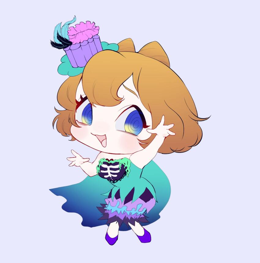 1girl animification blue_eyes brown_hair chibi clarice_(disney) disneyland dress eyelashes full_body happy_halloween highres humanization looking_at_viewer mickey_mouse_&amp;_friends open_mouth personification ribs rl10_02 short_hair smile solo