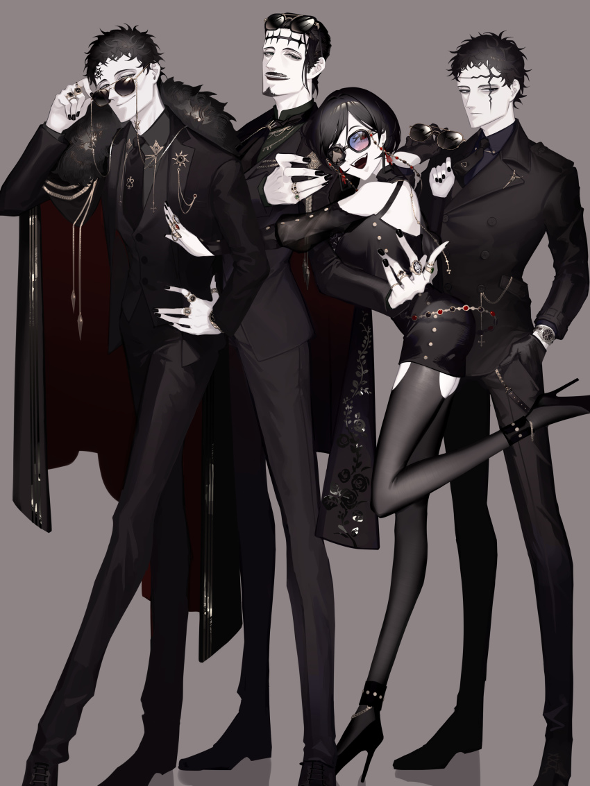 1girl 3boys absurdres black_clover black_hair black_necktie dante_zogratis facial_mark forehead_mark formal_clothes frit_2 grey_background highres jacket jewelry lucius_zogratis multiple_boys necktie pale_skin pin ring siblings suit suit_jacket sunglasses vanica_zogratis zenon_zogratis