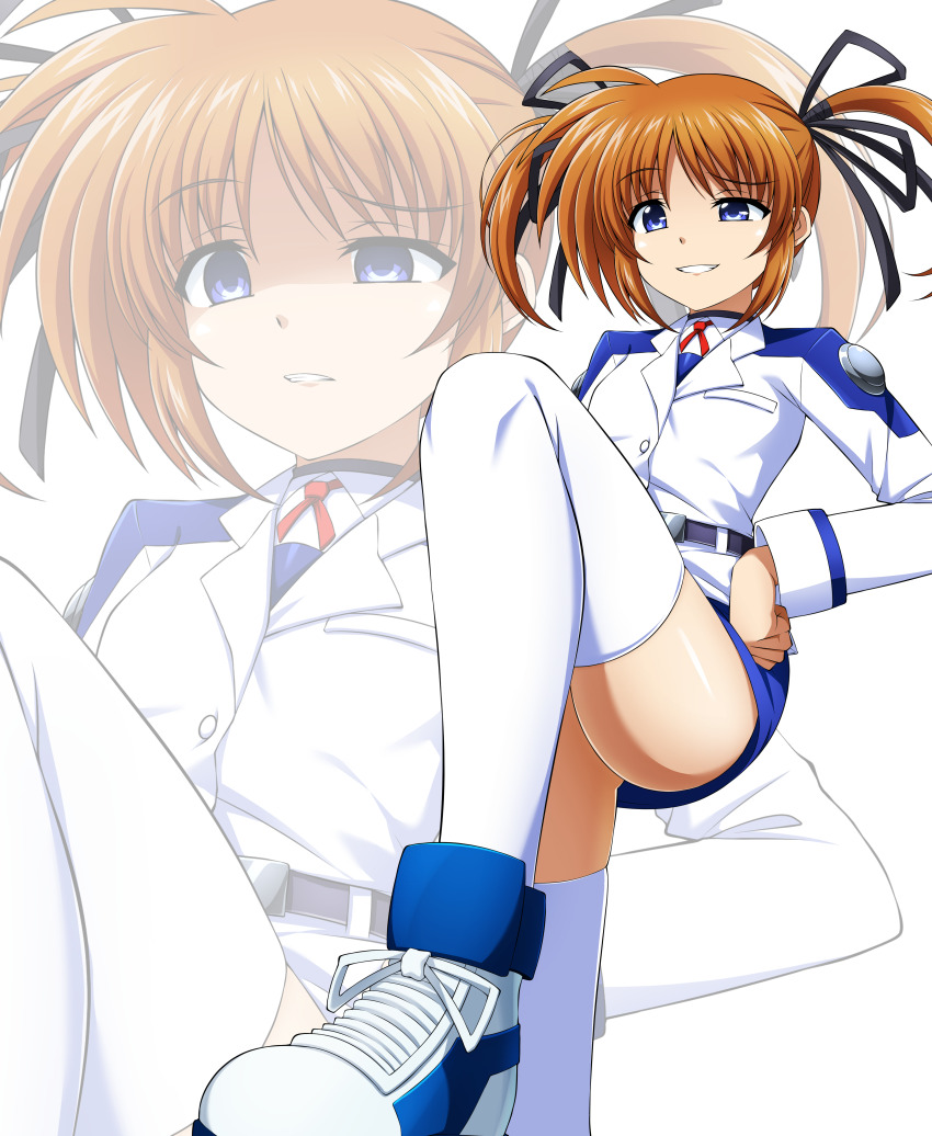 absurdres belt brown_hair commentary_request commission disdain eyebrows_hidden_by_hair grin hair_ribbon hands_on_own_hips highres long_sleeves lyrical_nanoha mahou_shoujo_lyrical_nanoha miniskirt oshimaru026 partially_shaded_face pixiv_commission purple_eyes red_ribbon ribbon shoes short_twintails skirt smile smug sneakers takamachi_nanoha thighhighs tsab_air_military_uniform tsab_executive_military_uniform twintails white_background white_devil white_shoes white_thighhighs