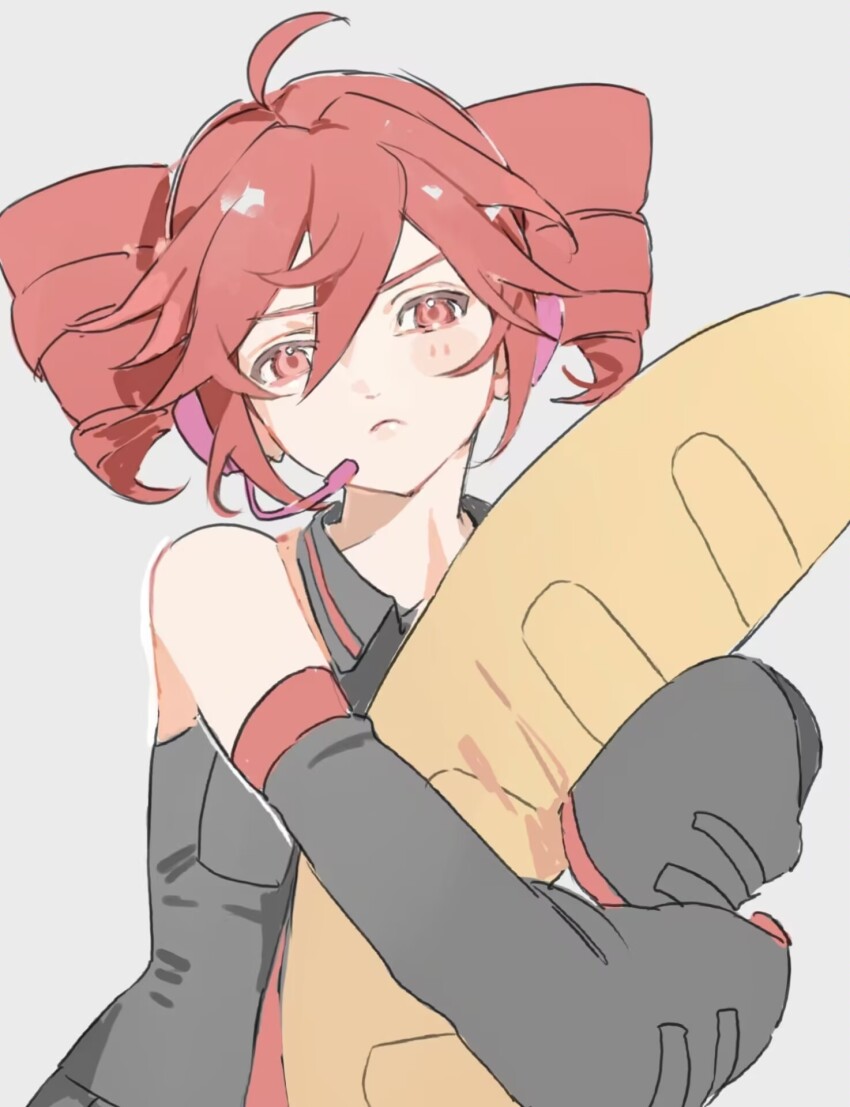 :&lt; ahoge baguette bare_shoulders black_sleeves blush bread breasts collared_shirt detached_sleeves drill_hair food food-themed_pillow grey_background hair_between_eyes headphones headset highres hugging_object kasane_teto kasane_teto_(utau) microphone mushisawa pillow pillow_hug red_eyes red_hair shirt sleeves_past_wrists twin_drills upper_body utau very_long_sleeves wing_collar