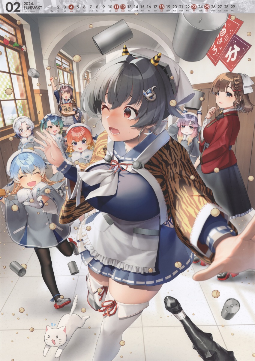 6+girls absurdres ahoge akasaka_yuzu asahi_(kancolle) batsubyou black_hair blonde_hair blue_hair blue_neckerchief blue_sailor_collar bob_cut braid braided_hair_rings breasts brown_eyes brown_hair cat chougei_(kancolle) club club_(weapon) coat collared_shirt etorofu_(kancolle) fukae_(kancolle) glasses gloves gradient_hair green_eyes grey_eyes grey_hair hair_between_eyes hair_flaps hair_ornament hair_ribbon hair_rings hairclip hat highres hirato_(kancolle) image_sample jingei_(kancolle) kanabou kantai_collection large_breasts long_hair long_sleeves low_ponytail matsuwa_(kancolle) multicolored_hair multiple_girls neckerchief official_art open_mouth pantyhose pleated_skirt ponytail purple_eyes purple_hair red_coat red_eyes red_hair ribbon sado_(kancolle) sailor_collar sailor_hat scan school_uniform serafuku setsubun shawl shirt short_hair side_braid side_braids side_ponytail sidelocks single_braid skirt smile thick_eyebrows tsushima_(kancolle) twin_braids wavy_hair weapon white_gloves white_headwear white_neckerchief white_ribbon yandere_sample