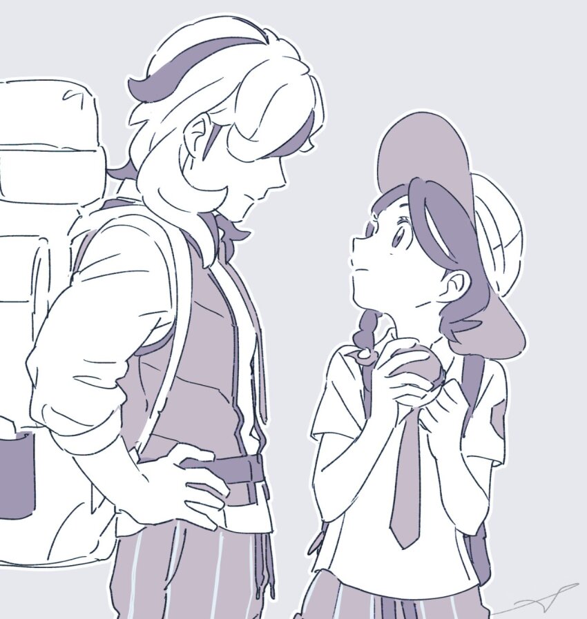 1boy 1girl arven_(pokemon) backpack bag braid collared_shirt creatures_(company) game_freak hair_over_one_eye hands_on_own_hips hat highres holding holding_poke_ball juliana_(pokemon) limited_palette long_hair monochrome multicolored_hair necktie nintendo open_clothes open_vest partially_colored poke_ball pokemon pokemon_sv sankaku school_uniform shirt short_sleeves vest