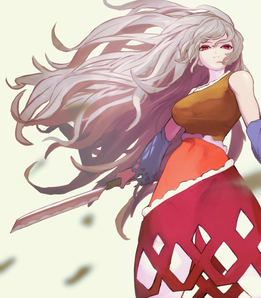 1girl absurdres blue_sleeves breasts cleaver closed_mouth commentary cowboy_shot detached_sleeves dress floating_hair grey_hair highres holding holding_weapon large_breasts leaf long_hair looking_at_viewer mizuki_0630 motion_blur multicolored_dress pale_skin sakata_nemuno simple_background single_strap sleeveless sleeveless_dress solo standing touhou very_long_hair weapon wind yellow_background