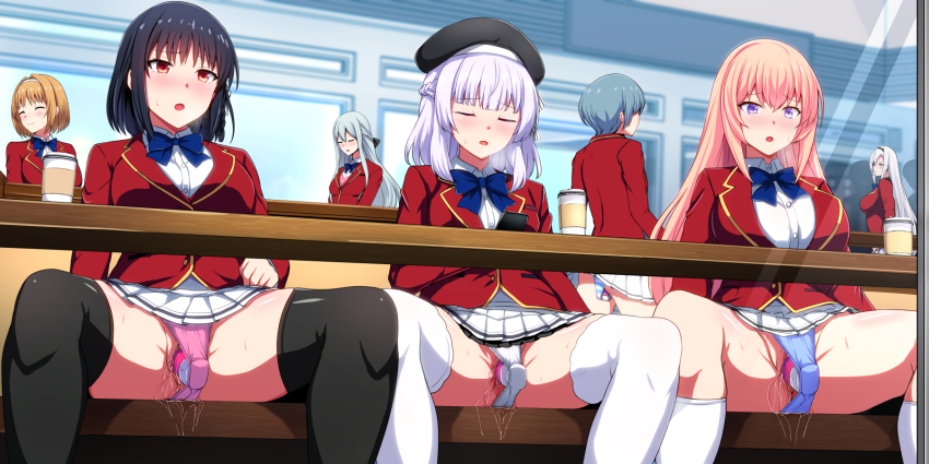 6+girls advanced_nurturing_high_school_uniform beret black_hair black_hat black_thighhighs blazer blonde_hair blue_bow blue_hair blue_panties blush bow braid breasts brown_hair censored collared_shirt commentary_request cup daiaru disposable_cup forced_smile grey_hair hat highres horikita_suzune ibuki_mio ichinose_honami_(youjitsu) indoors jacket kiriyuuin_fuuka kushida_kikyou large_breasts light_blue_hair long_hair mosaic_censoring multiple_girls open_mouth panties pink_panties pleated_skirt public_indecency pussy_juice red_jacket sakayanagi_arisu school_uniform sex_toy shiina_hiyori shirt short_hair skirt spread_legs thighhighs under_table underwear vibrator vibrator_under_clothes vibrator_under_panties white_hair white_panties white_shirt white_skirt white_thighhighs youkoso_jitsuryoku_shijou_shugi_no_kyoushitsu_e