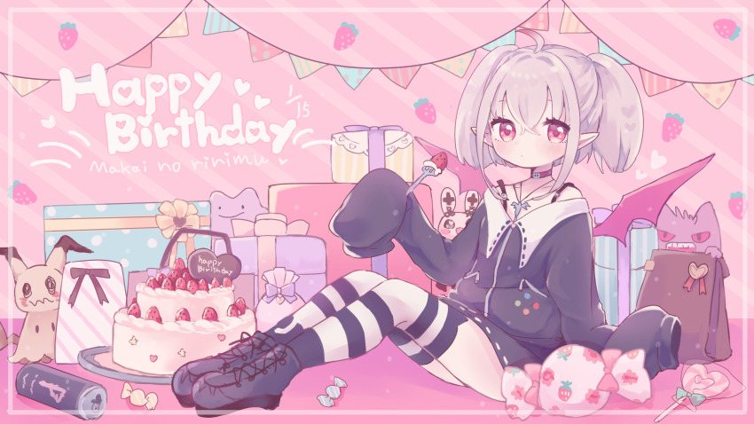 1girl ahoge animal_ear_legwear asymmetrical_legwear badge bare_shoulders belt birthday_cake black_boots black_jacket black_skirt black_thighhighs blush boots box button_badge cake candy cat_ear_legwear character_name collar collarbone creatures_(company) demon_wings ditto dyed_ahoge energy_drink food fork fruit full_body game_freak gen_1_pokemon gen_7_pokemon gengar gift gift_bag gift_box grey_hair hair_between_eyes happy_birthday highres holding holding_fork jacket jewelry karunabaru knees_up legs_together looking_at_viewer makaino_ririmu makaino_ririmu_(2nd_costume) medium_hair mimikyu miniskirt mismatched_legwear multicolored_hair necklace nijisanji nintendo off-shoulder_jacket off_shoulder pink_background platform_boots pointy_ears pokemon red_collar red_eyes red_hair red_wings sidelocks sitting skirt sleeves_past_fingers sleeves_past_wrists solo strawberry streaked_hair striped_clothes striped_thighhighs stuffed_animal stuffed_rabbit stuffed_toy thighhighs twintails virtual_youtuber white_thighhighs wings zettai_ryouiki zipper zipper_pull_tab
