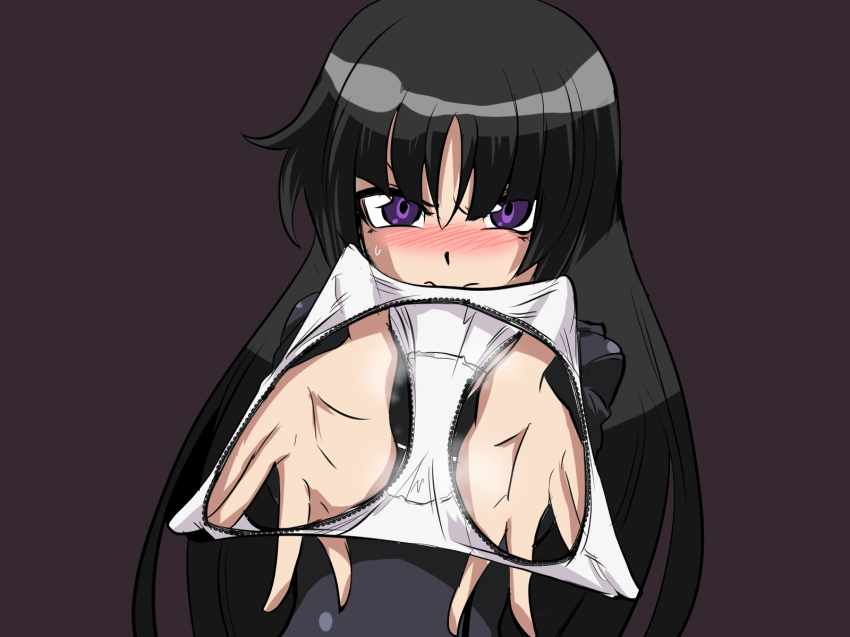 00s black_hair blush embarrassed ga-rei ga-rei_zero highres hime_cut isayama_yomi long_hair panties purple_eyes ri-raritobaku smell underwear warabimochi