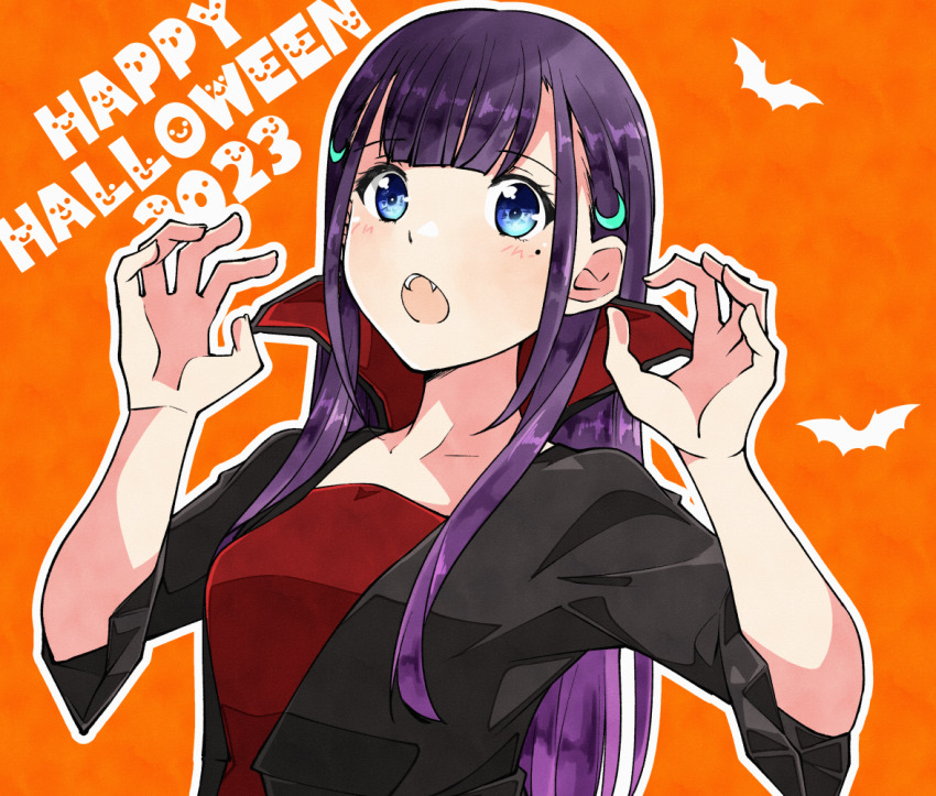 1girl 2023 22/7 black_jacket blue_eyes center-flap_bangs claw_pose cosplay dracula dracula_(cosplay) fanged_bangs fangs hair_ornament happy_halloween ichinose_hotaru jacket long_hair looking_at_viewer mole mole_under_eye orange_background purple_hair red_shirt shirt solo trefle_r upper_body