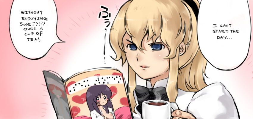 10s 1girl blind blonde_hair blue_eyes braille breasts colorized cup drawfag empty_eyes english_text female_focus ge-b ikezawa_hanako katawa_shoujo long_hair magazine_(object) nipples o_o ponytail pornography satou_lilly sidelocks solo steam teacup text_focus tezuka_rin translated viewing_pornography yuri