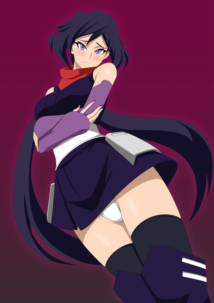 10s 1girl abu ayame_(gundam_build_divers) black_hair black_thighhighs blush breasts crossed_arms elbow_gloves female_focus game_cg gloves gundam gundam_build_divers highres japanese_clothes large_breasts lime_(purple_haze) long_hair looking_at_viewer ninja panties purple_eyes scarf simple_background solo thighhighs underwear