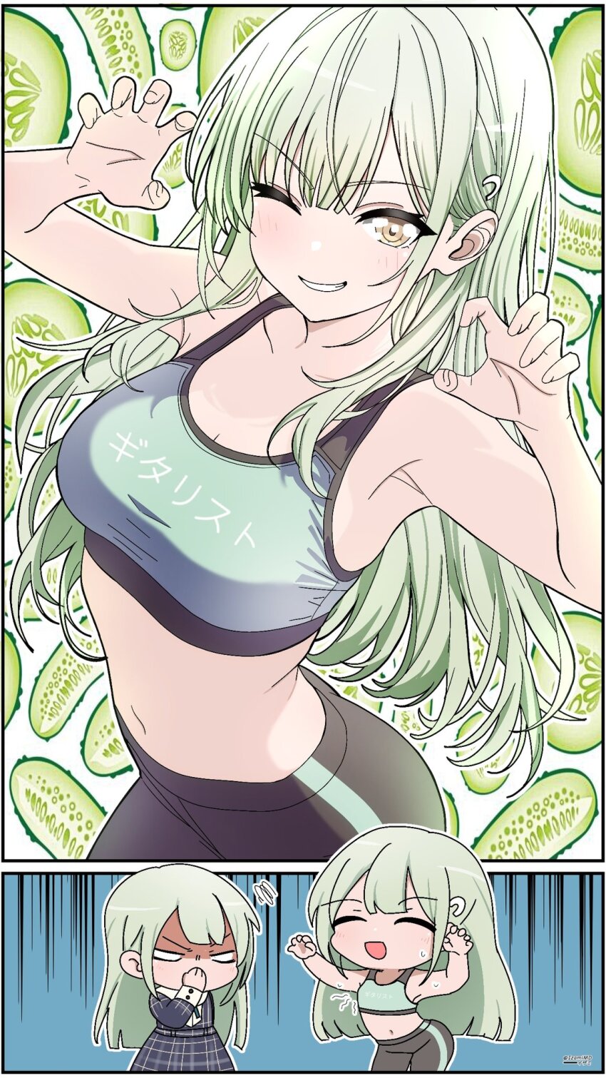 2girls bang_dream! bang_dream!_it&#039;s_mygo!!!!! black_pants blonde_hair blush breasts claw_pose cleavage commentary cucumber dress dual_persona english_commentary green_dress green_hair hair_ornament hairclip highres izami_md long_hair looking_at_viewer medium_breasts mortis_(bang_dream!) mortis_(persona)_(bang_dream!) multiple_girls navel one_eye_closed open_mouth pants plaid_clothes plaid_dress sports_bra stomach translated wakaba_mutsumi yoga_pants