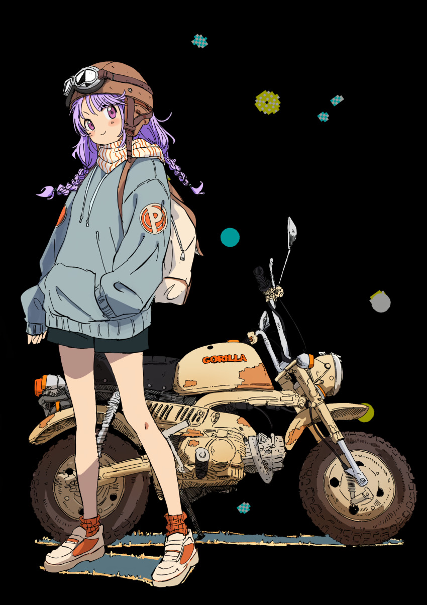 1girl absurdres alternate_costume bandaid braid full_body goggles goggles_on_headwear hat helmet highres jacket kajino_(aosansai) long_hair looking_at_viewer motor_vehicle motorcycle original purple_eyes purple_hair solo transparent_background twin_braids