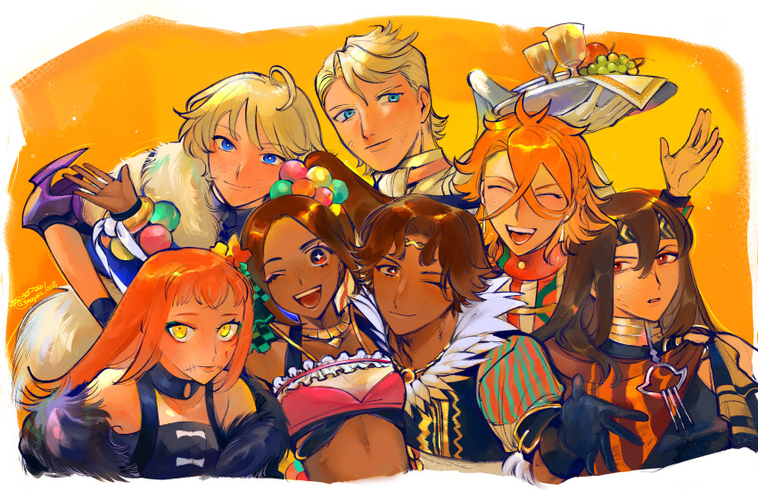 3girls 4boys absurdres black_hair blonde_hair blue_eyes bunet_(fire_emblem) fire_emblem fire_emblem_engage fogado_(fire_emblem) food fruit glass grapes highres holding holding_tray long_hair merrin_(fire_emblem) mochako_(motyako_1005) multiple_boys multiple_girls nintendo orange_hair pandreo_(fire_emblem) panette_(fire_emblem) seadall_(fire_emblem) star-shaped_pupils star_(symbol) symbol-shaped_pupils timerra_(fire_emblem) tray yellow_eyes