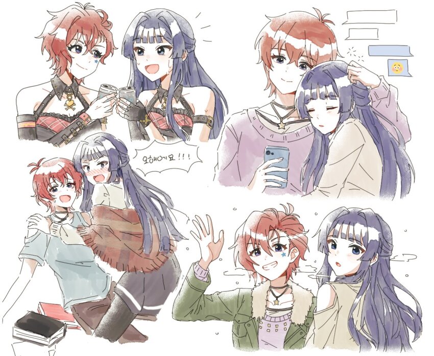 2girls arm_up black_hair blue_eyes book can cellphone closed_eyes closed_mouth commentary d/zeal_(idolmaster) embarrassed emoji green_jacket grin half_updo hand_on_another&#039;s_head holding holding_can holding_phone idolmaster idolmaster_million_live! idolmaster_million_live!_theater_days jacket julia_(idolmaster) lc_fuu long_hair looking_at_another looking_at_viewer mogami_shizuka multiple_girls multiple_views open_mouth phone red_hair shirt short_hair simple_background sleeping smartphone smile symbol-only_commentary toasting_(gesture) waving white_background