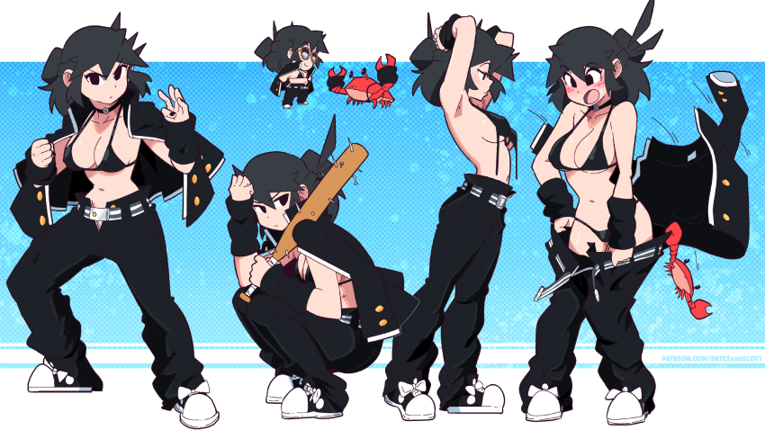 1girl accidental_exposure armpits arms_up assisted_exposure baseball_bat belt bikini bikini_under_clothes black_bikini black_eyes black_footwear black_hair black_jacket black_nails black_pants blush breasts choker clothes_pull crab embarrassed halftone hand_up highres jacket jacket_on_shoulders large_breasts long_hair lucia_(scott_malin) multiple_views nail nail_(hardware) nail_bat nail_polish narrow_waist open_mouth original pants pants_pull pantsing scott_malin shoes standing swimsuit wardrobe_malfunction wide_shot
