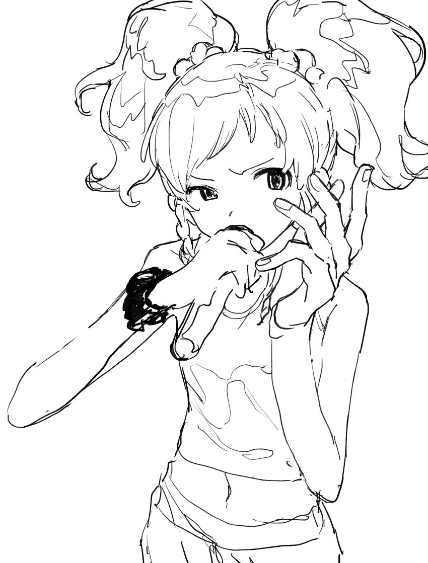 1girl absurdres aikatsu!_(series) aikatsu_stars! bad_id bad_twitter_id braid cowboy_shot furrowed_brow greyscale hair_bobbles hair_ornament hands_up highres holding holding_microphone inactive_account long_hair looking_at_viewer microphone midriff monochrome nikaido_yuzu shirt side_braid simple_background sleeveless sleeveless_shirt solo standing suiso_(owp) twintails uneven_eyes white_background