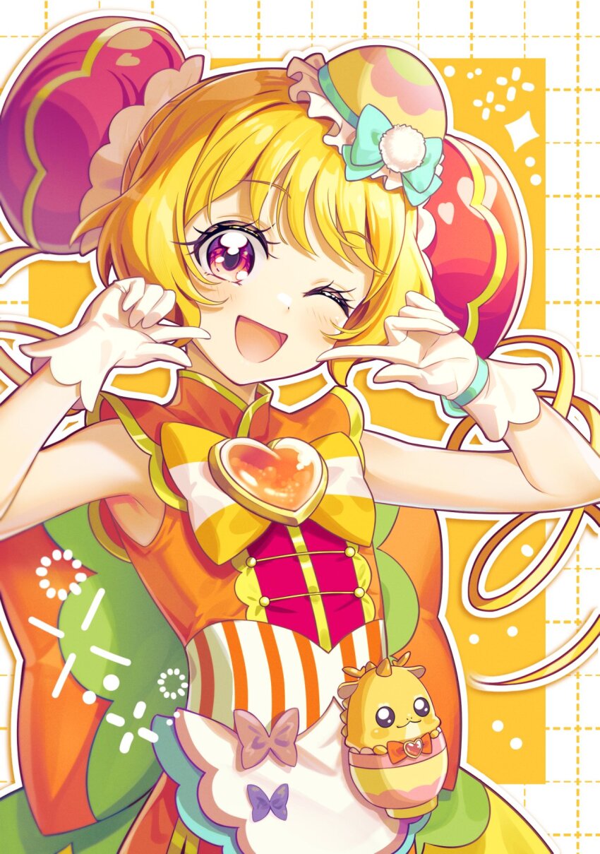 1girl back_bow blonde_hair bow brooch bun_cover checkered_background chinese_clothes cure_yum-yum delicious_party_precure dress eyelashes flat_chest frilled_gloves frills gloves hanamichi_ran hands_up heart heart_brooch highres huge_bow jewelry looking_at_viewer mandarin_collar one_eye_closed open_mouth orange_bow orange_dress outline pink_eyes precure rice_rabbit22 sleeveless sleeveless_dress smile solo tareme twintails two-tone_background upper_body white_background white_gloves white_outline yellow_background yellow_bow
