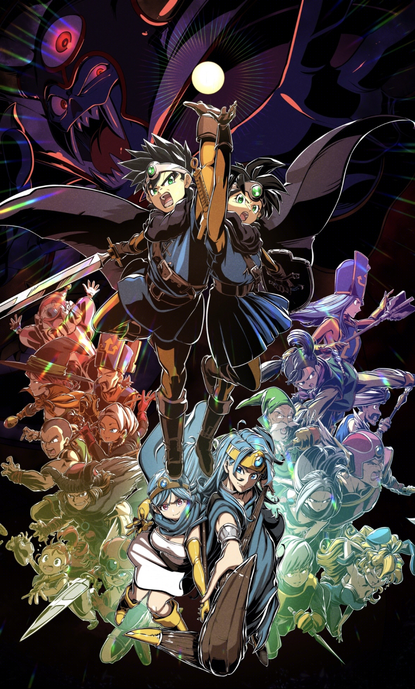 arm_up cape dragon_quest dragon_quest_iii dual_persona everyone evil_smile fangs martial_artist_(dq3) fighting_stance helmet hero_(dq3) heroine_(dq3) highres holding holding_staff gadabout_(dq3) kakashino_kakato leotard looking_at_viewer mage_(dq3) mage_staff merchant_(dq3) monster_wrangler_(dq3) open_mouth playboy_bunny priest_(dq3) roto_(dq3) sage_(dq3) smile warrior_(dq3) spiked_hair staff sword thief_(dq3) third_eye weapon winged_helmet zoma