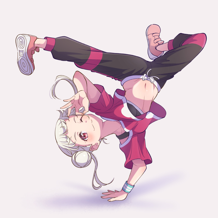1girl absurdres arashi_chisato black_pants black_sports_bra breakdance collarbone commentary double_bun full_body hair_bun handstand highres long_hair looking_at_viewer love_live! love_live!_superstar!! midriff navel ok_sign one_arm_handstand one_eye_closed pants purple_shirt red_eyes sakutatsu shirt shoes simple_background smile solo sports_bra sweatband twintails white_background white_hair