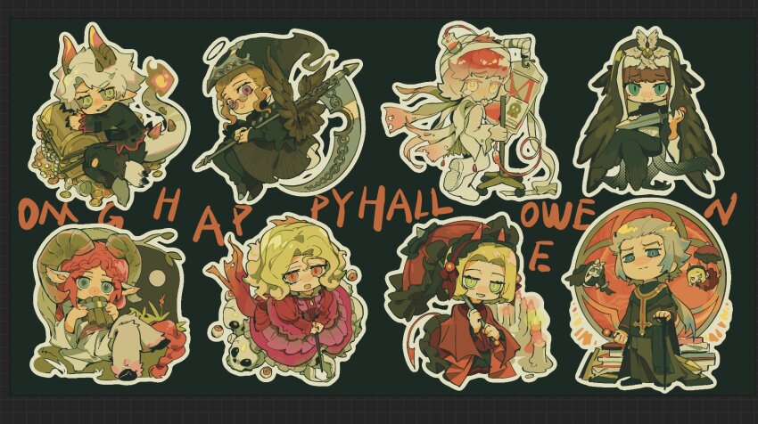 3girls 5boys bandaged_head bandages blonde_hair blue_eyes brown_hair chibi chibi_only classicaloid closed_mouth demon_tail eyeball flame-tipped_tail franz_liszt_(classicaloid) franz_schubert_(classicaloid) frederic_chopin_(classicaloid) green_eyes halo happy_halloween highres holding holding_scythe holding_sword holding_umbrella holding_weapon horns intravenous_drip johann_sebastian_bach_(classicaloid) ludwig_van_beethoven_(classicaloid) monsterification multiple_boys multiple_girls octahooves pan_flute parasol puffy_sleeves pyotr_illyich_tchaikovsky_(classicaloid) red_hair satyr scythe skull smile sword tail tears tekla_badarzewska-baranowska_(classicaloid) treasure umbrella weapon wolfgang_amadeus_mozart_(classicaloid)