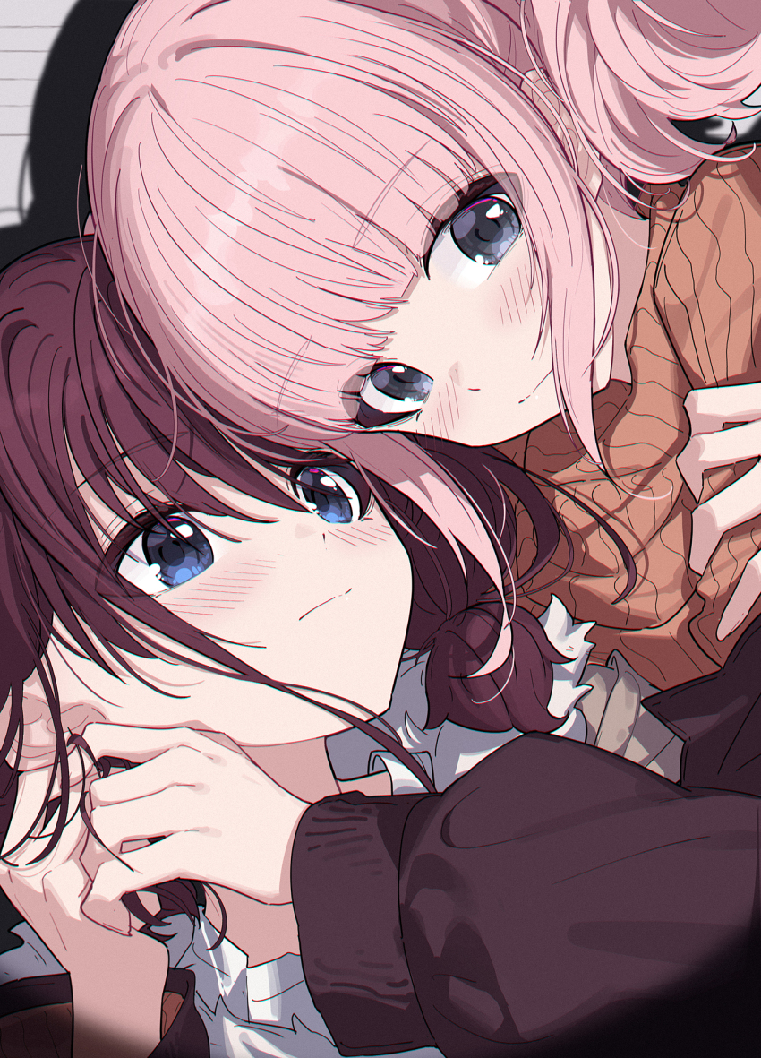 2girls blue_eyes blush brown_hair brown_sweater chinese_commentary closed_mouth commentary_request girls_band_cry grey_eyes hair_between_eyes highres hina_(girls_band_cry) iseri_nina jacket long_hair long_sleeves low_twintails multiple_girls pink_hair red_jacket shadow shirt short_hair short_twintails sweater twintails twirling_hair white_shirt yun_cao_bing yuri