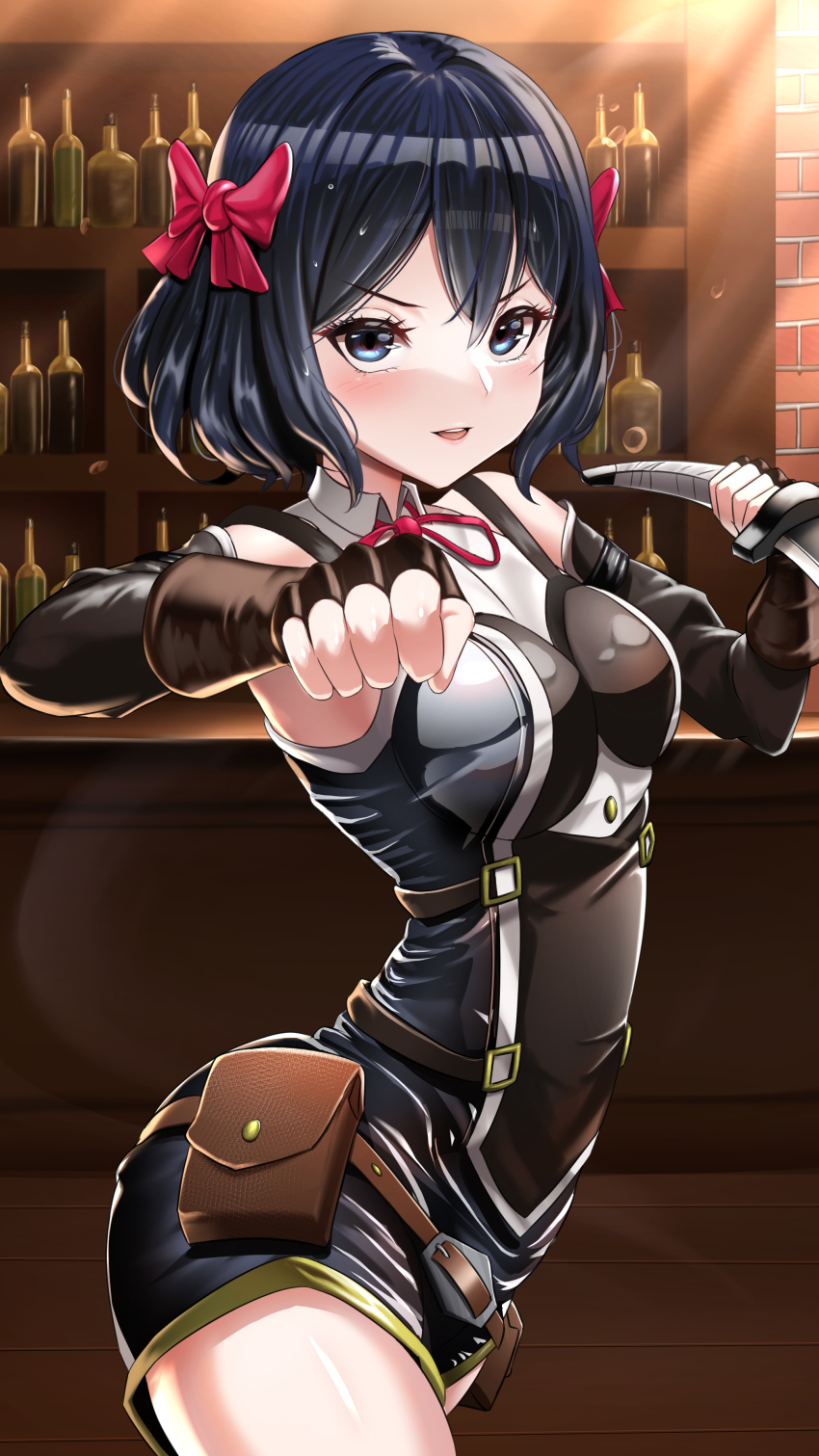 1girl absurdres armpits ass bar_(place) belt_pouch black_hair black_romper black_sleeves blue_eyes blush breasts brown_gloves clenched_hand counter dagger detached_sleeves flexible from_side gloves hair_between_eyes hair_ribbon highres holding holding_dagger holding_knife holding_weapon icemellon knife lips looking_at_viewer medium_breasts nageki_no_bourei_wa_intaishitai open_mouth pouch red_ribbon ribbon shelf short_hair smile solo teeth tino_shade upper_teeth_only weapon