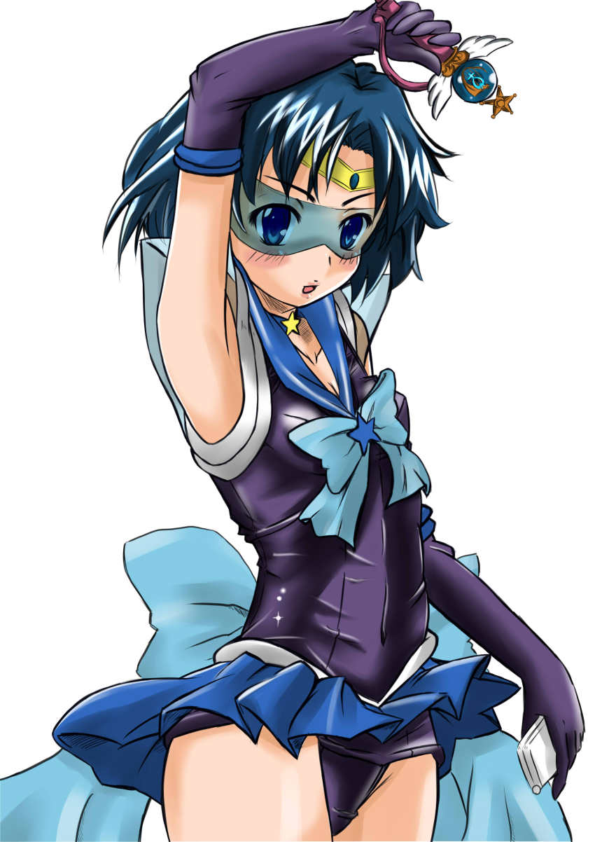 1990s_(style) 1girl absurdres alternate_color alternate_costume armpits arms_up bishoujo_senshi_sailor_moon bishoujo_senshi_sailor_moon_stars blue-tinted_eyewear blue_sailor_collar blue_skirt brooch dark_persona elbow_gloves female_focus gloves goggles highres jewelry k@non magical_girl mercury_symbol mizuno_ami panties pantyshot retro_artstyle sailor_collar sailor_mercury school_uniform serafuku skirt solo star_brooch super_sailor_mercury_(stars) tinted_eyewear underwear upskirt visor wand