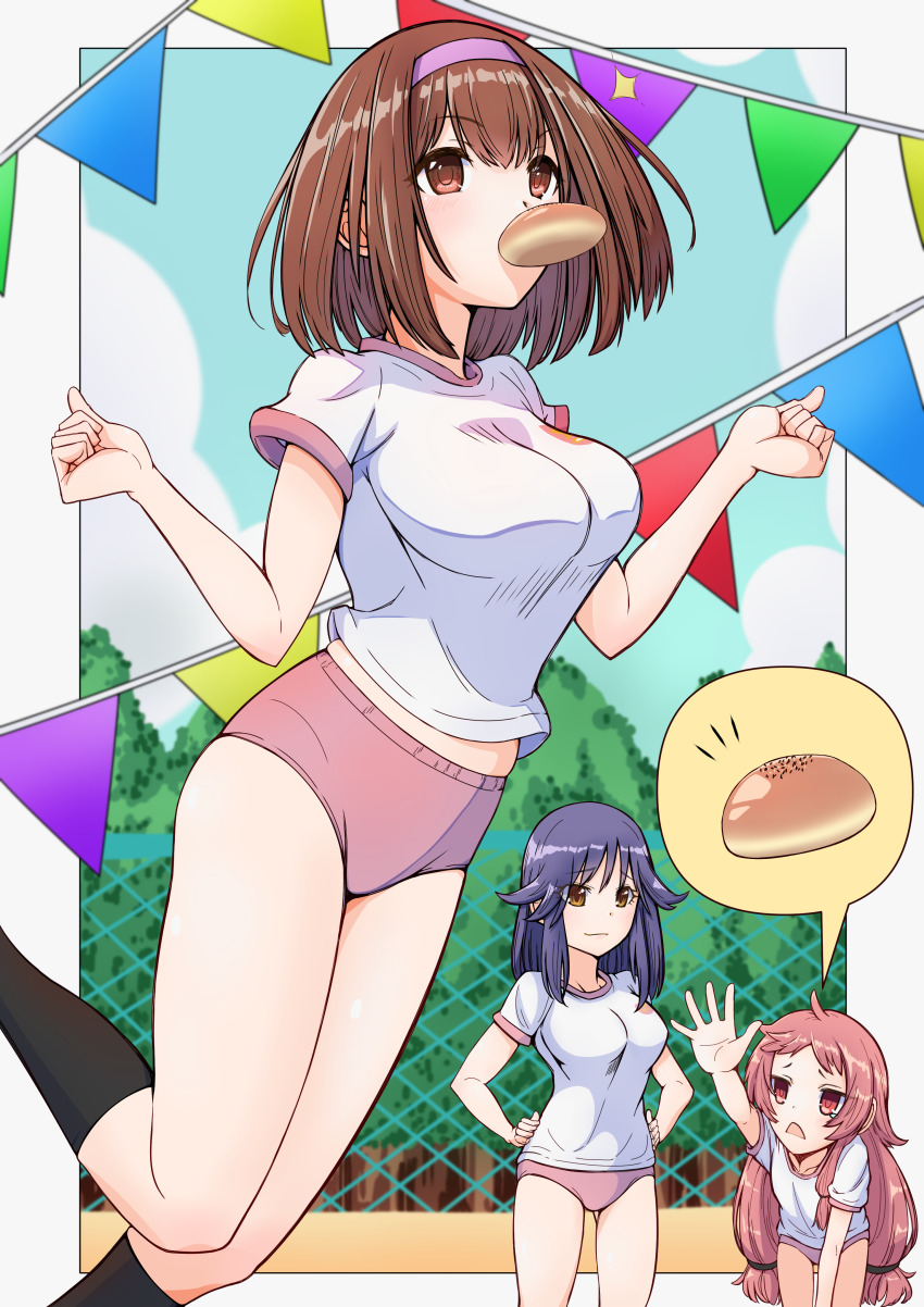 3girls absurdres bloomers bob_cut bread_bun breasts brown_eyes brown_hair chain-link_fence closed_mouth fence goro_yuuharu gym_shirt gym_shorts gym_uniform hair_between_eyes hairband hand_on_own_hip highres jumping large_breasts leaning_forward light_smile long_hair looking_up low-tied_long_hair low_twintails makoto_(princess_connect!) makoto_(real)_(princess_connect!) multiple_girls outdoors outstretched_hand pink_bloomers pink_eyes pink_hair pink_hairband princess_connect! purple_hair rin_(princess_connect!) rin_(real)_(princess_connect!) shirt short_hair short_sleeves shorts sidelocks standing twintails underwear very_long_hair yellow_eyes yui_(princess_connect!) yui_(real)_(princess_connect!)