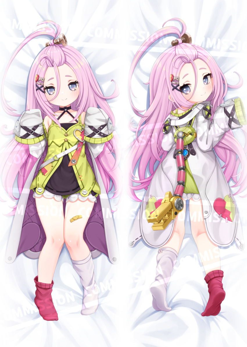 1girl aino_(genshin_impact) bandaid bandaid_on_leg bangs_pinned_back blue_eyes blush closed_mouth coat commentary commission comodox dakimakura_(medium) dress english_commentary genshin_impact green_dress hair_ornament hairclip hands_up highres long_hair long_sleeves looking_at_viewer lying mismatched_socks multiple_views on_back on_stomach pink_hair red_socks sample_watermark screw_hair_ornament sleeves_past_wrists smile socks variant_set very_long_hair watermark white_coat white_socks