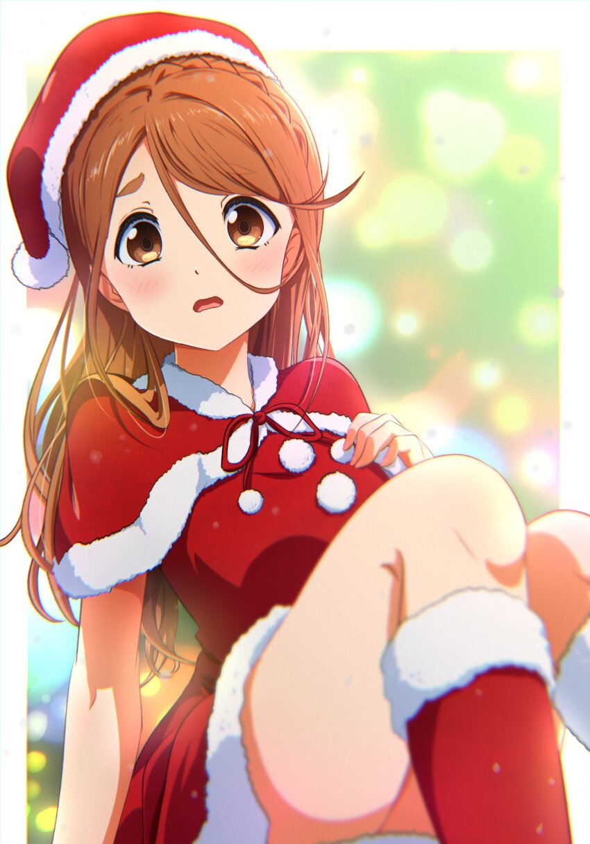 1girl 22/7 absurdres alternate_hairstyle blurry blush boots braid brown_eyes brown_hair capelet christmas christmas_ornaments christmas_tree depth_of_field dress dutch_angle embarrassed feet_out_of_frame fur-trimmed_capelet fur-trimmed_dress fur-trimmed_headwear fur_trim hair_down hand_on_floor hand_on_own_chest hat highres igashiko knees_up kono_miyako lens_flare looking_at_viewer open_mouth pillarboxed red_capelet santa_boots santa_costume santa_dress santa_hat single_braid sitting solo